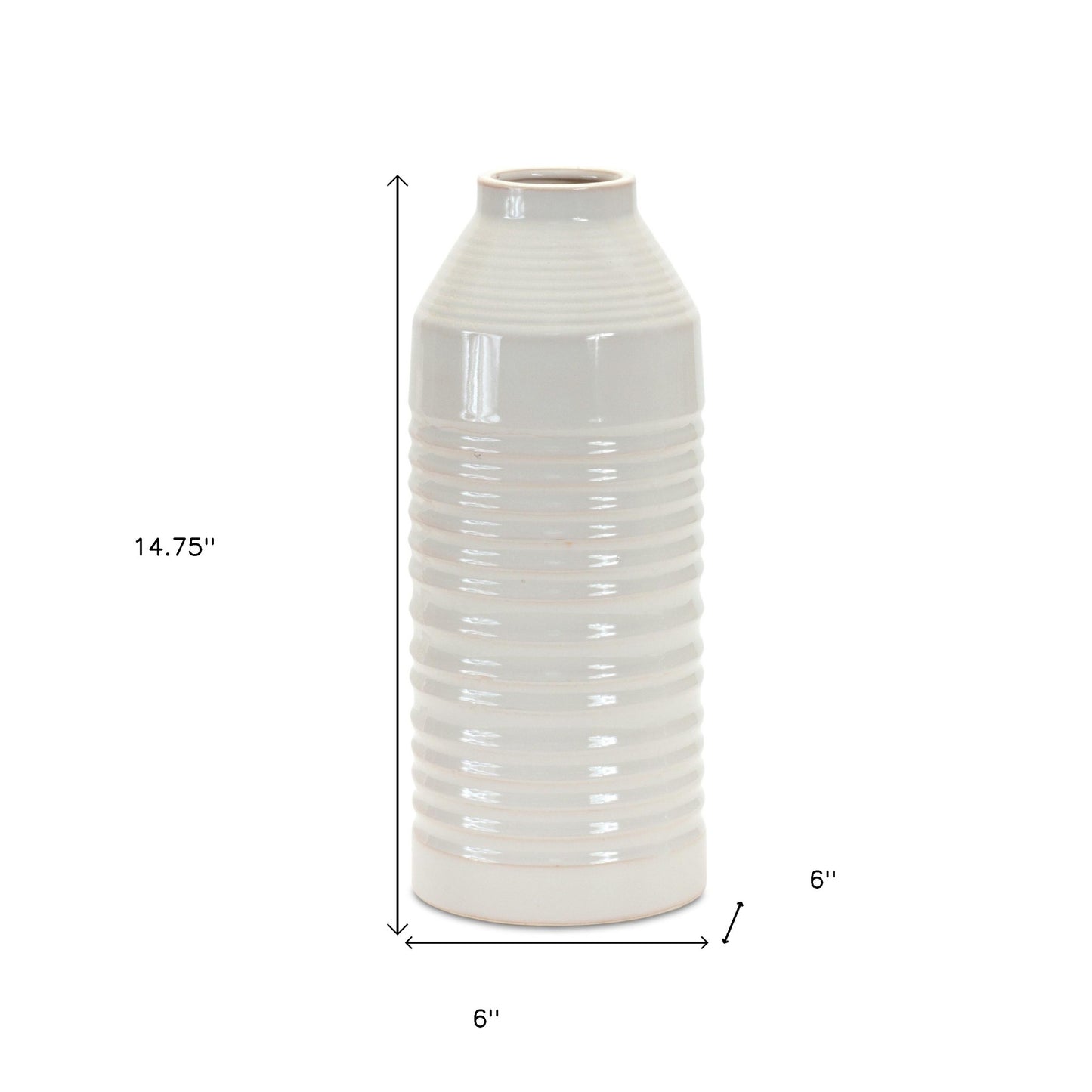 15" White Ribbed Cylinder Terracotta Table Vase-3