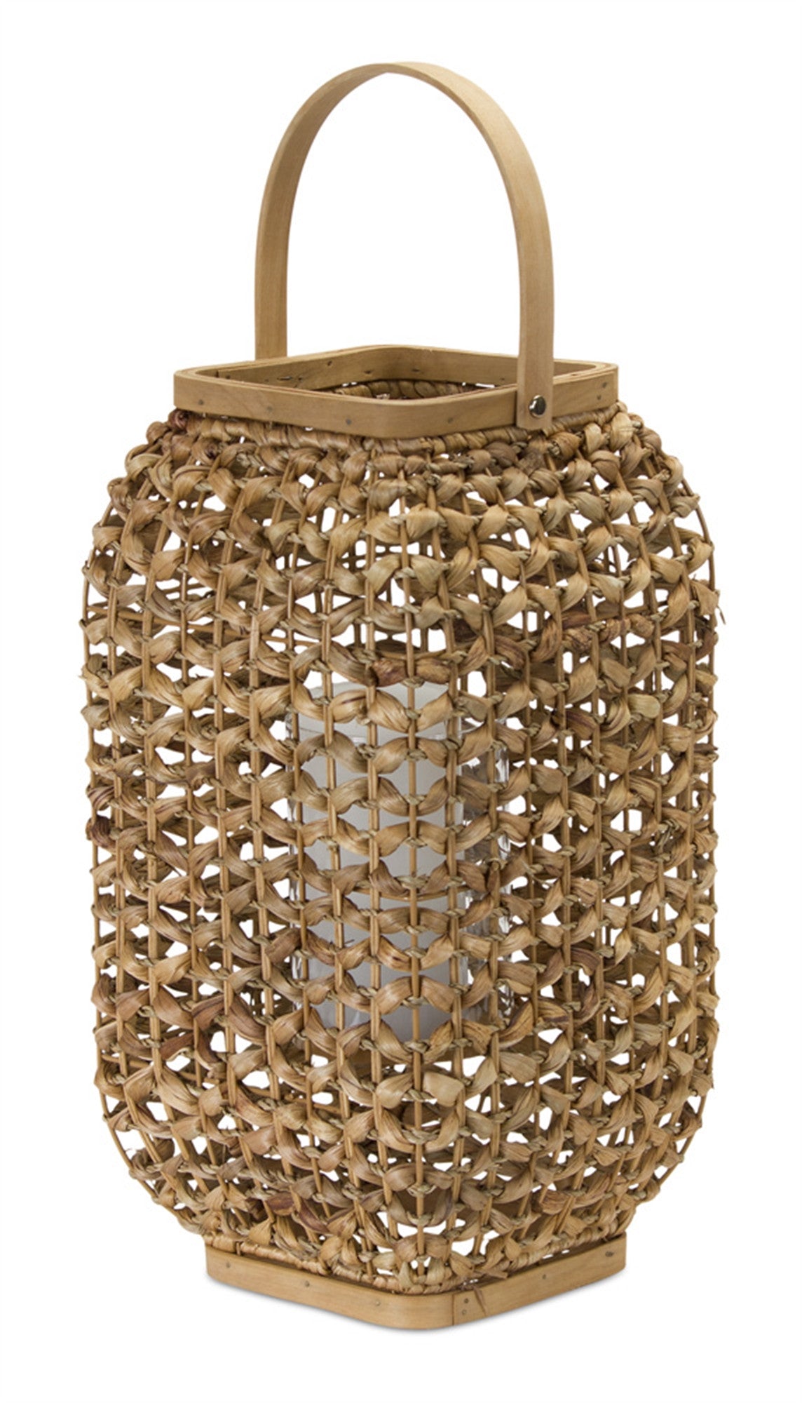 16" Natural Distressed Woven Glass And Wicker Floor Lantern Candle Holder-1