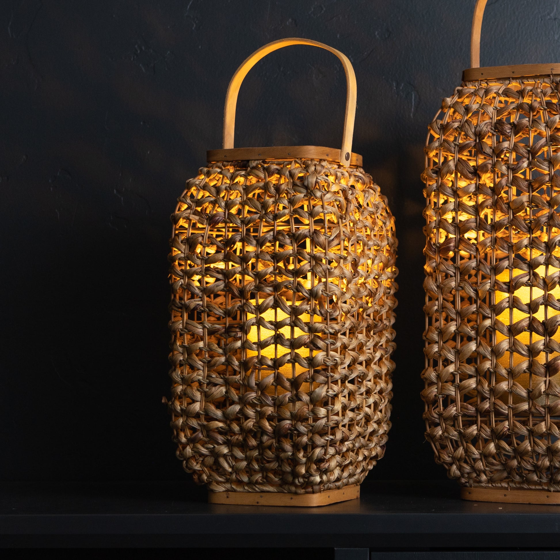 16" Natural Distressed Woven Glass And Wicker Floor Lantern Candle Holder-4