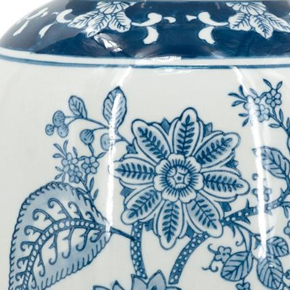 15" Light Blue And White Floral Porcelain Urn Vase-7