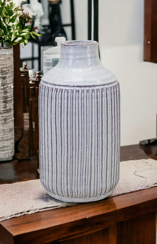 10" Off White Terracotta Striped Cylinder Table Vase-0