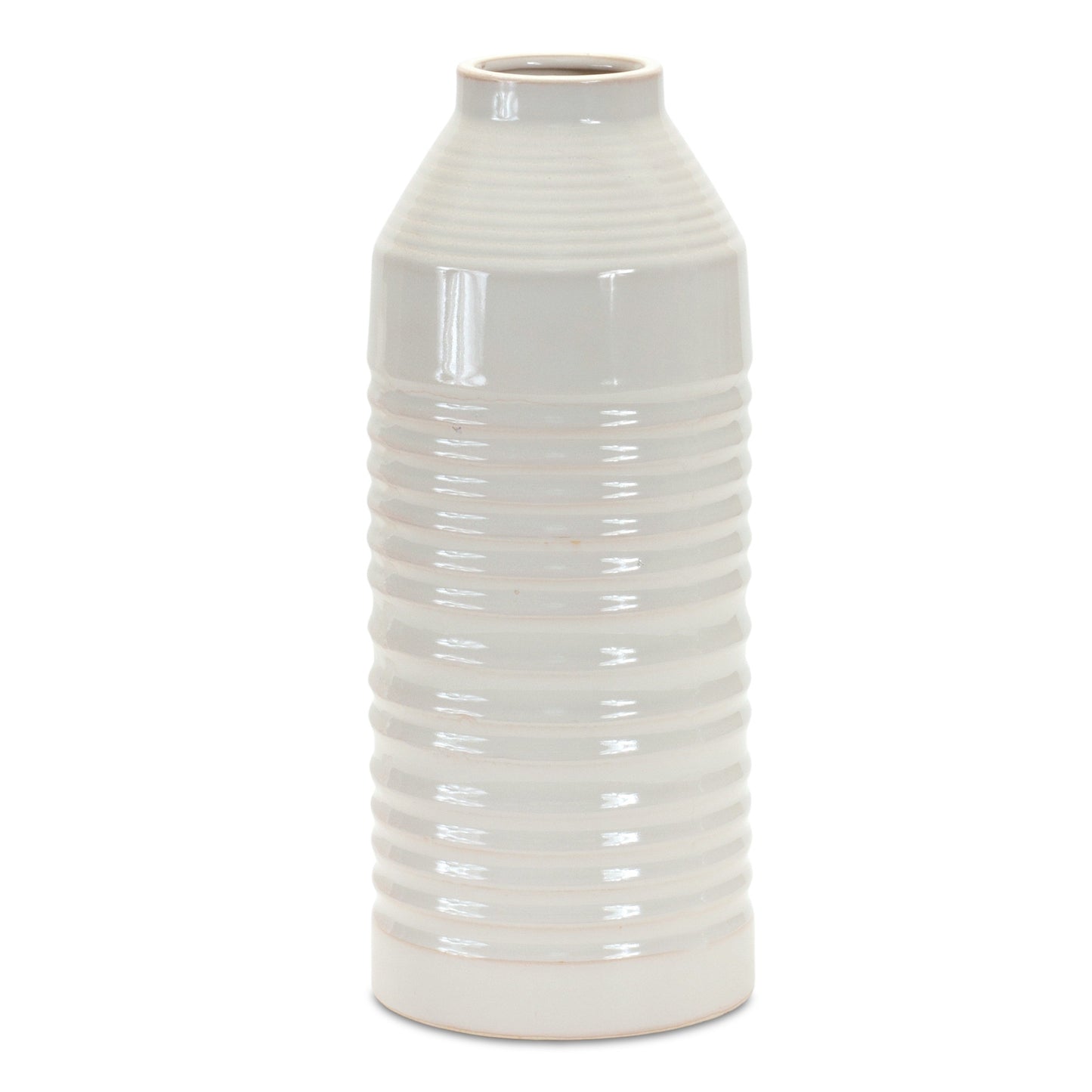 15" White Ribbed Cylinder Terracotta Table Vase-1