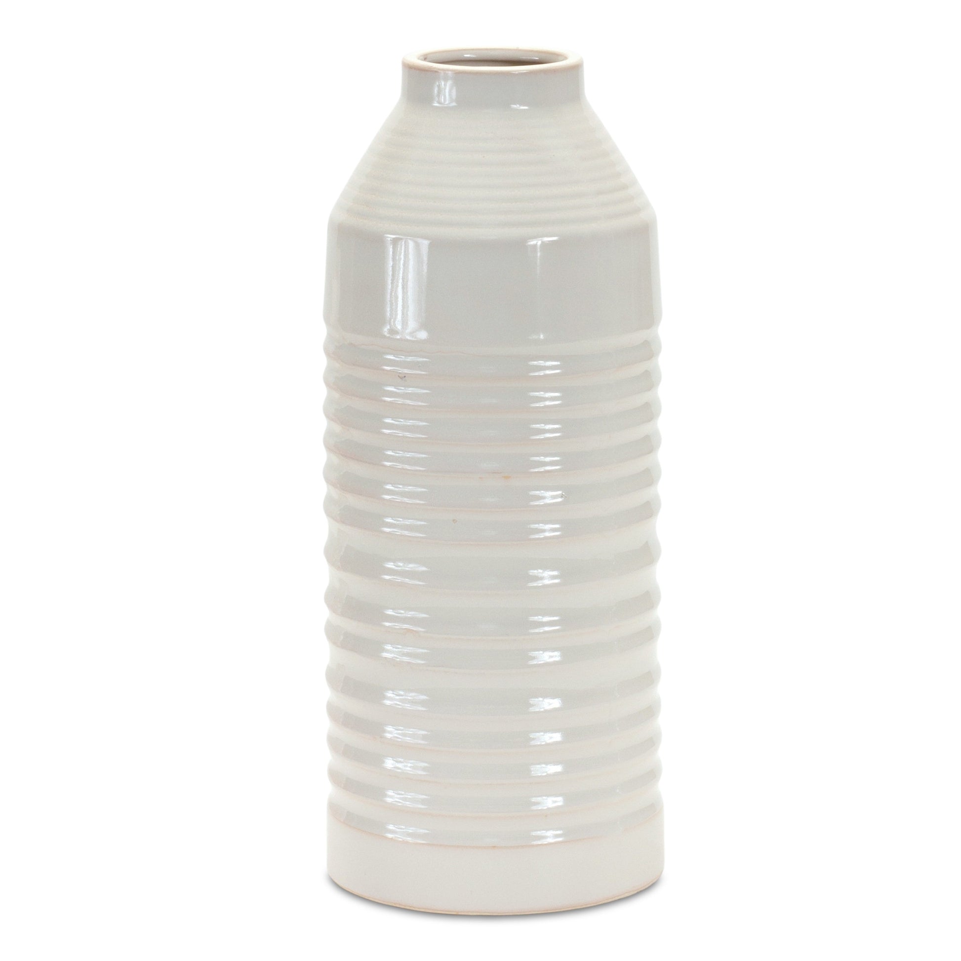 15" White Ribbed Cylinder Terracotta Table Vase-1