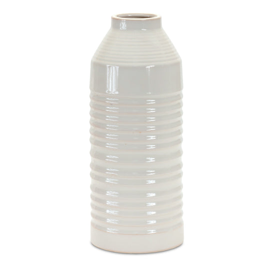 15" White Ribbed Cylinder Terracotta Table Vase-1