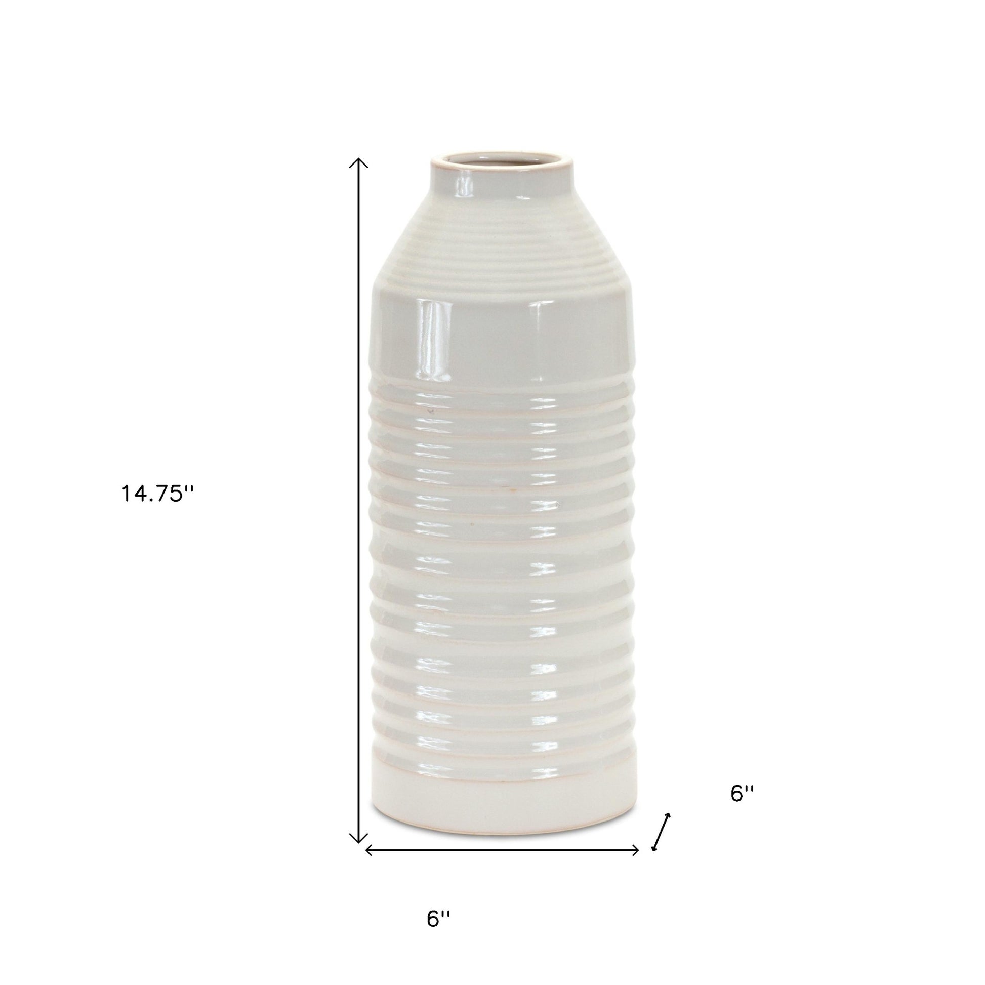 15" White Ribbed Cylinder Terracotta Table Vase-3