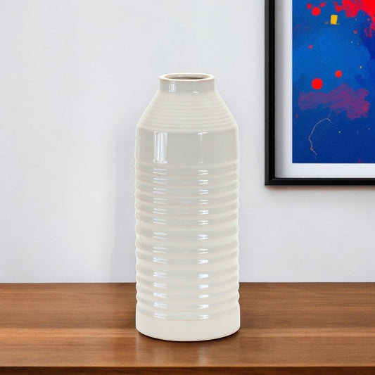 15" White Ribbed Cylinder Terracotta Table Vase-0