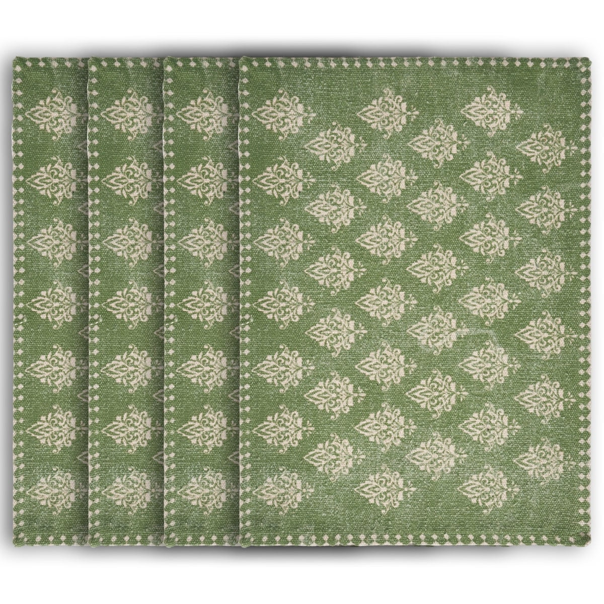 19" Set of Four Green And Cream Geometric Medallion Cotton Placemats-1
