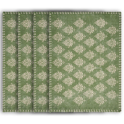 19" Set of Four Green And Cream Geometric Medallion Cotton Placemats-1