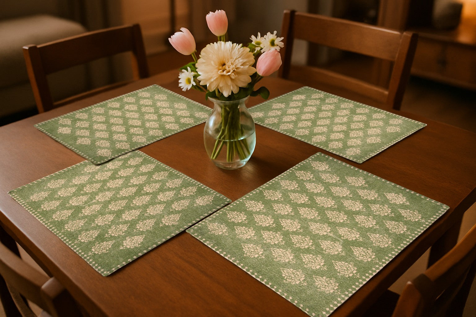 19" Set of Four Green And Cream Geometric Medallion Cotton Placemats-0