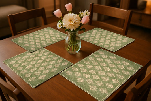 19" Set of Four Green And Cream Geometric Medallion Cotton Placemats-0