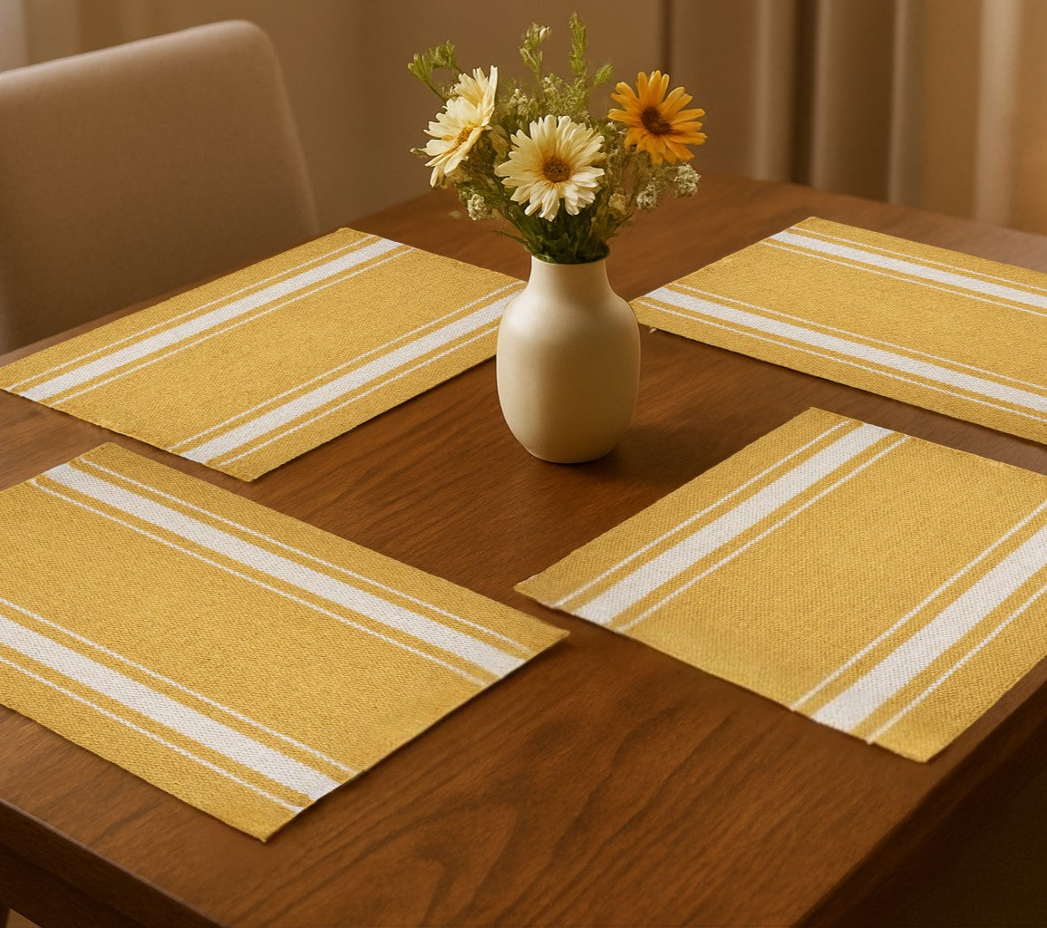 19" Set of Four Yellow And White Striped Cotton Placemats-0