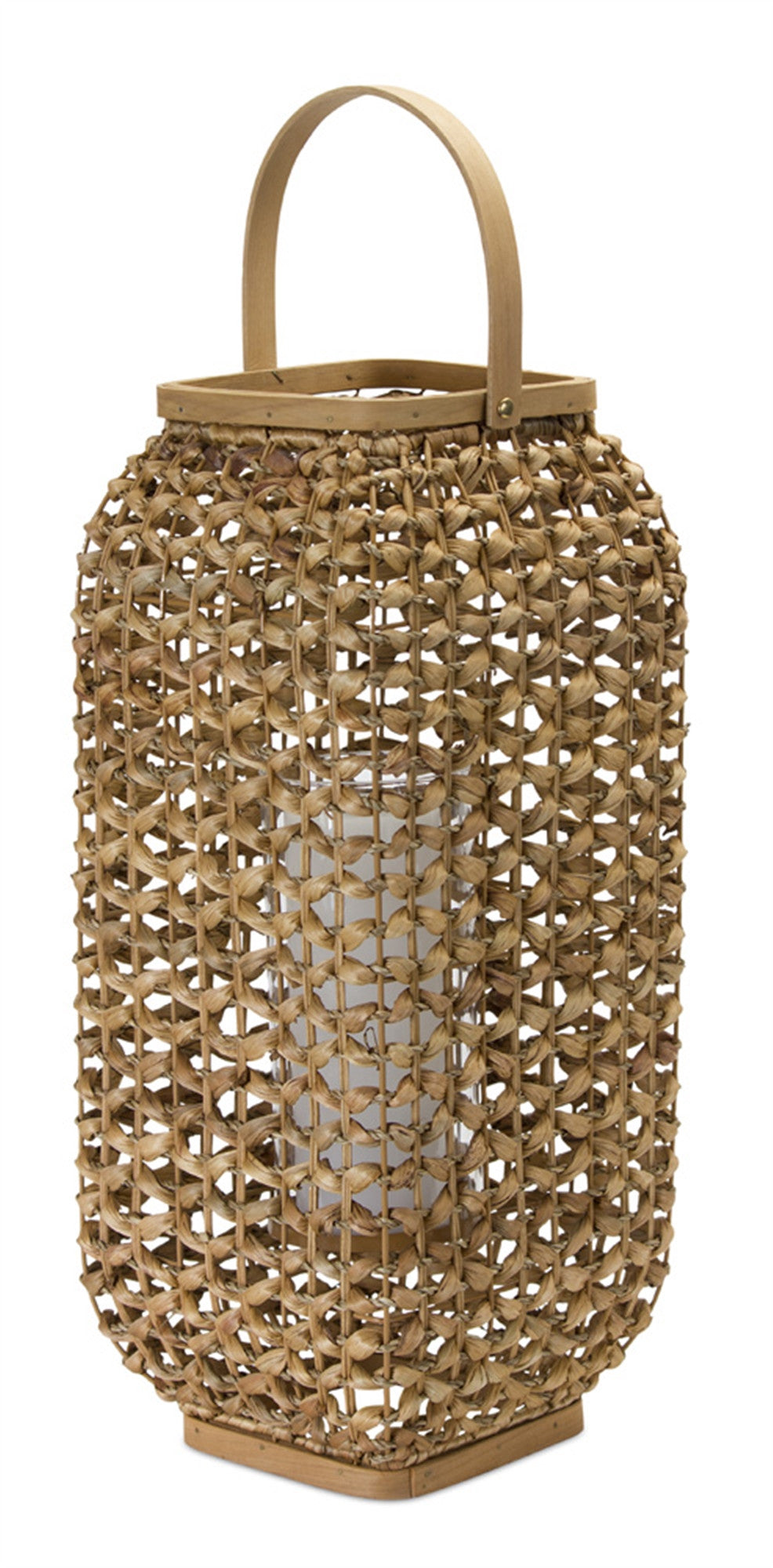 20" Natural Distressed Woven Glass And Wicker Floor Lantern Candle Holder-1