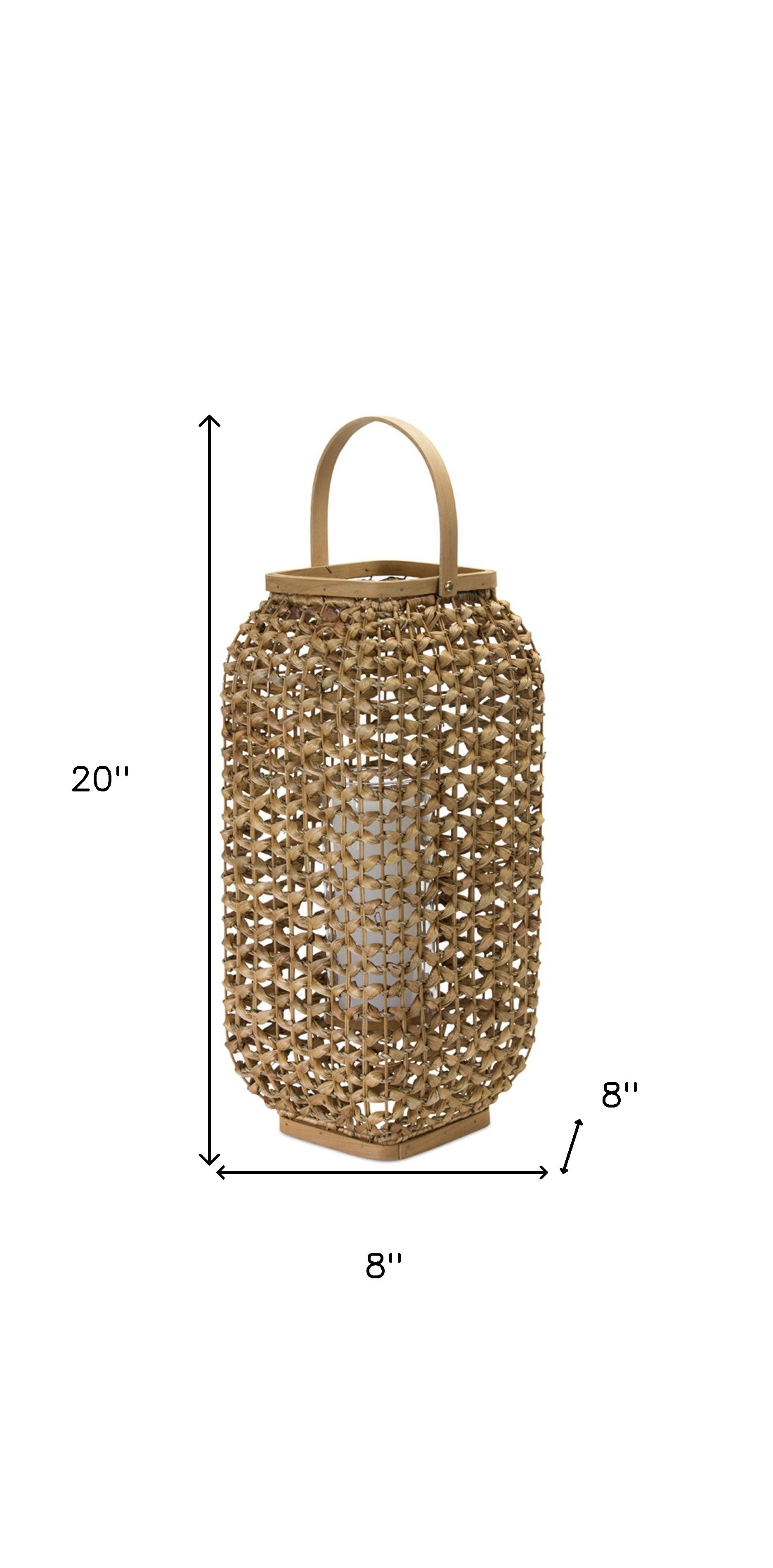 20" Natural Distressed Woven Glass And Wicker Floor Lantern Candle Holder-5