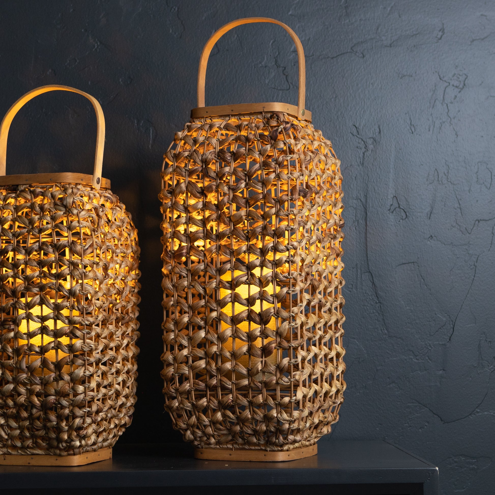 20" Natural Distressed Woven Glass And Wicker Floor Lantern Candle Holder-4