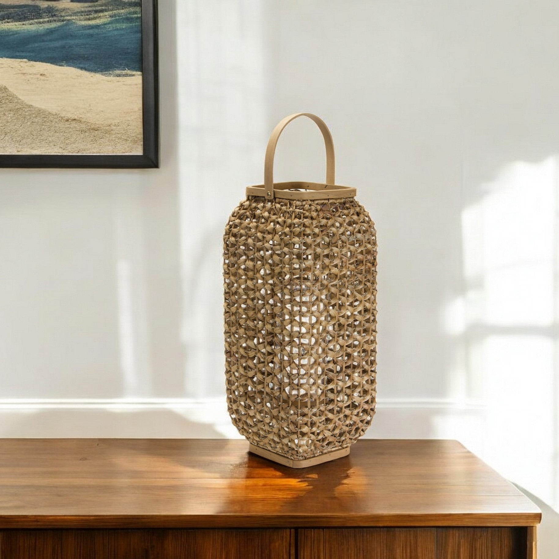 20" Natural Distressed Woven Glass And Wicker Floor Lantern Candle Holder-0