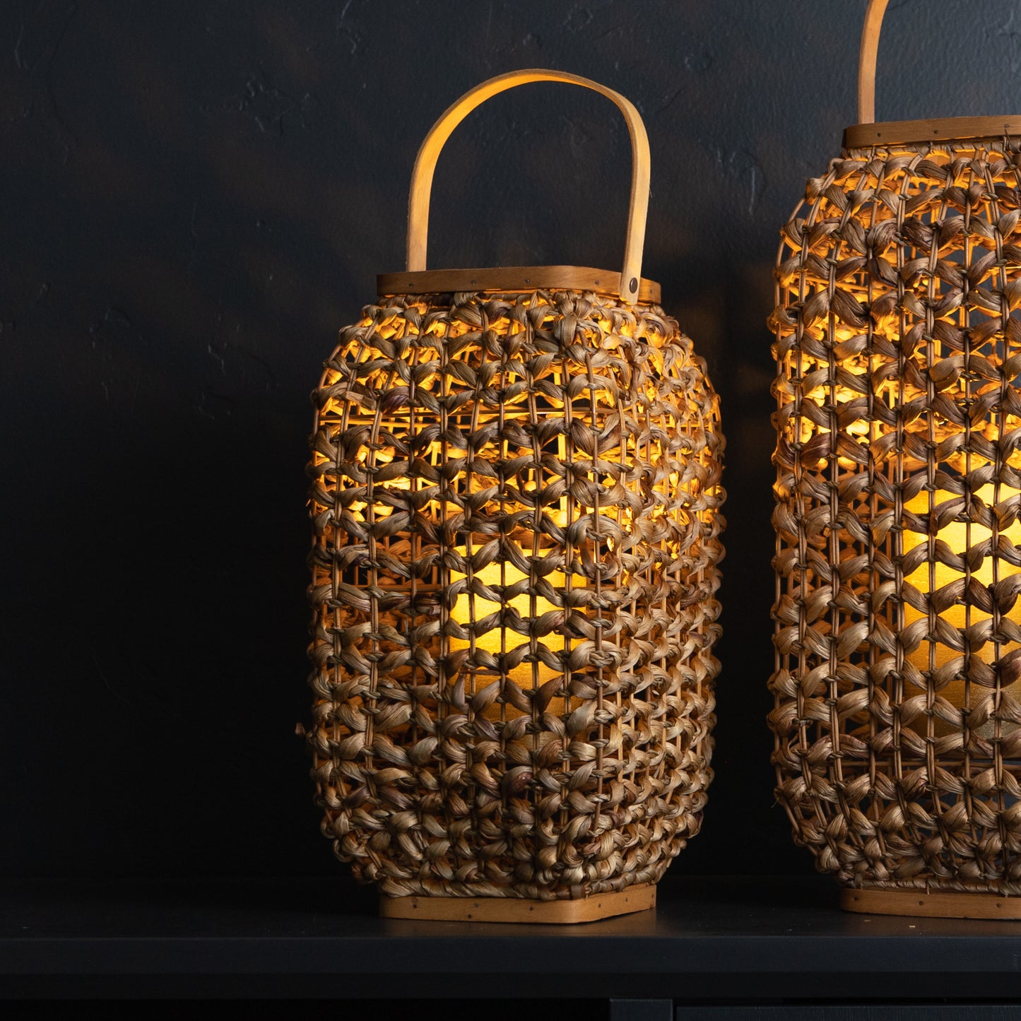 16" Natural Distressed Woven Glass And Wicker Floor Lantern Candle Holder-4