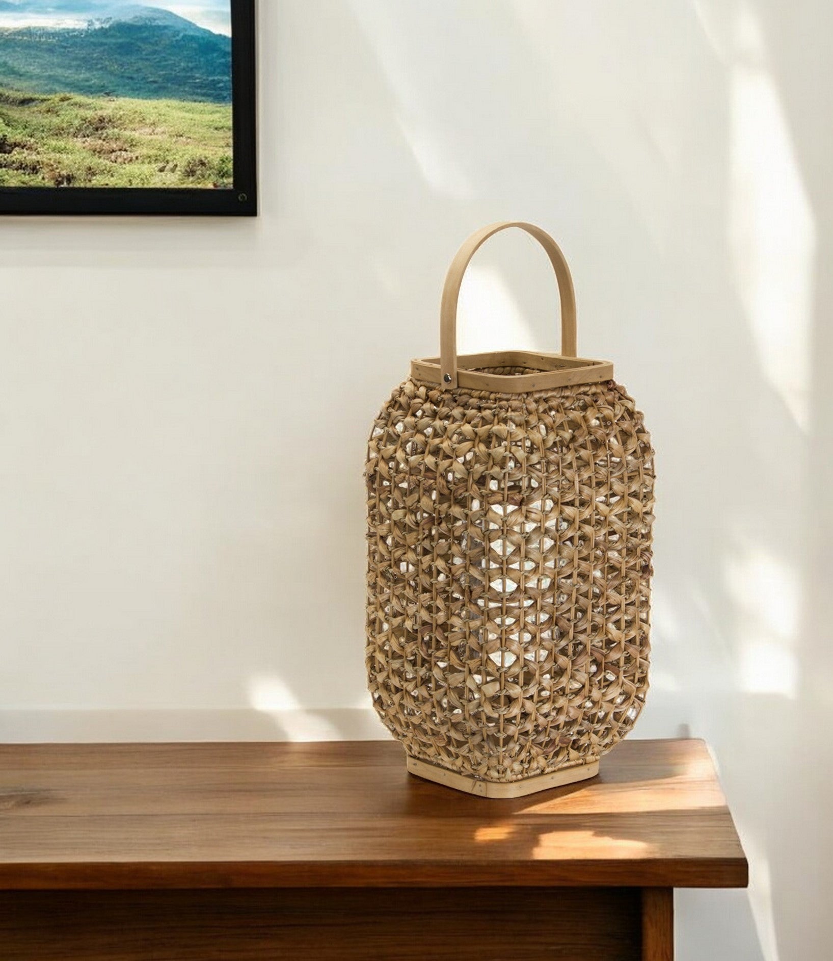 16" Natural Distressed Woven Glass And Wicker Floor Lantern Candle Holder-0