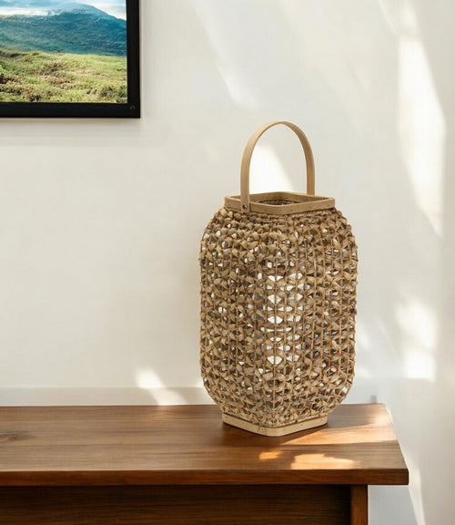 16" Natural Distressed Woven Glass And Wicker Floor Lantern Candle Holder-0