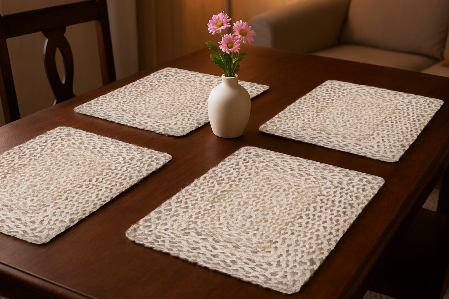 19" Set of Four Ivory And Natural Jute Placemats-0