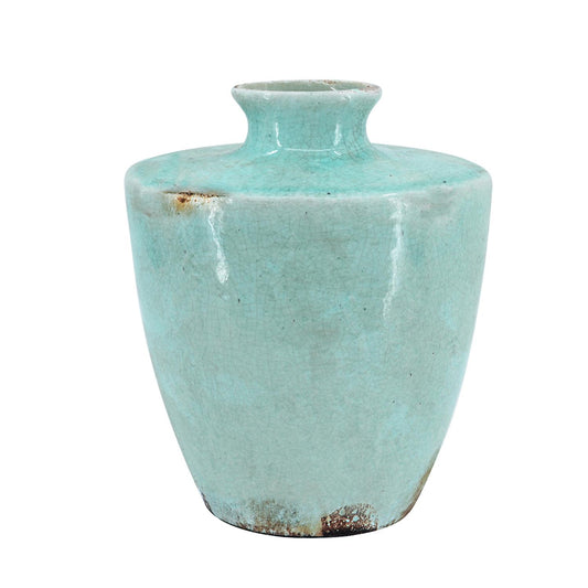 12" Aqua Terracotta Crackle Glaze Round Table Vase-0