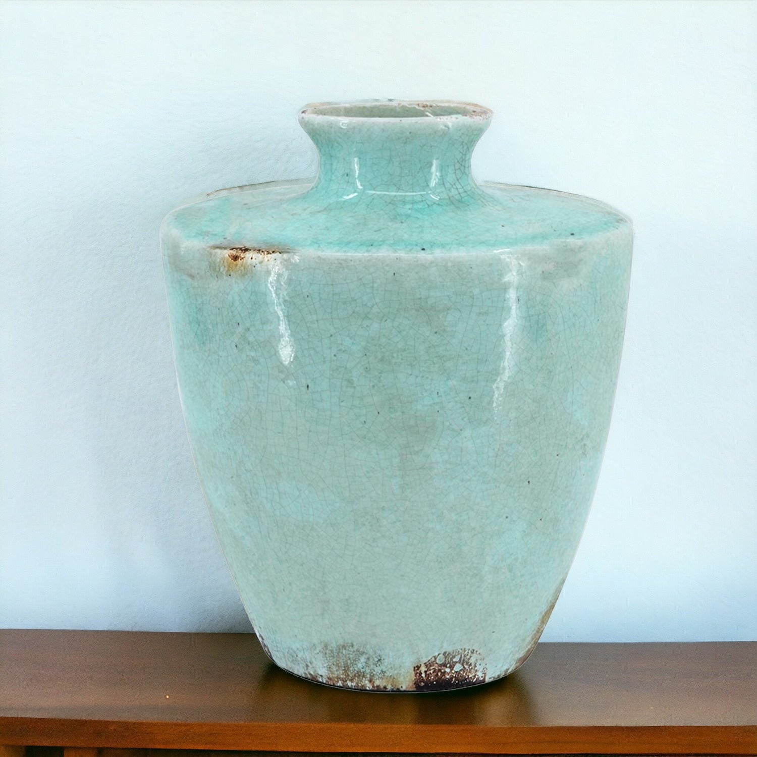 12" Aqua Terracotta Crackle Glaze Round Table Vase-1
