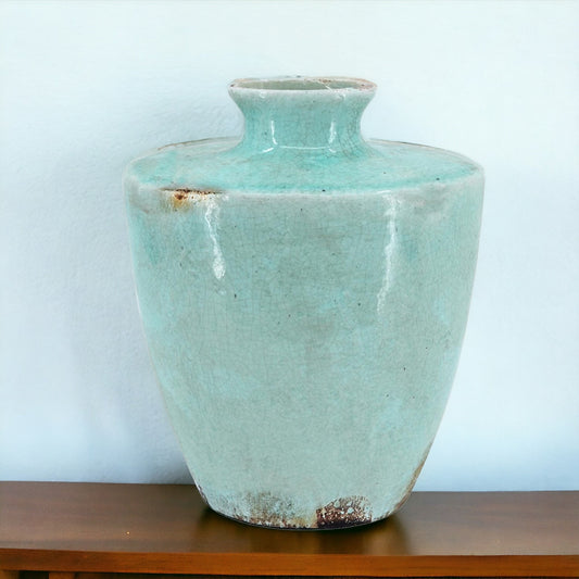 12" Aqua Terracotta Crackle Glaze Round Table Vase-1