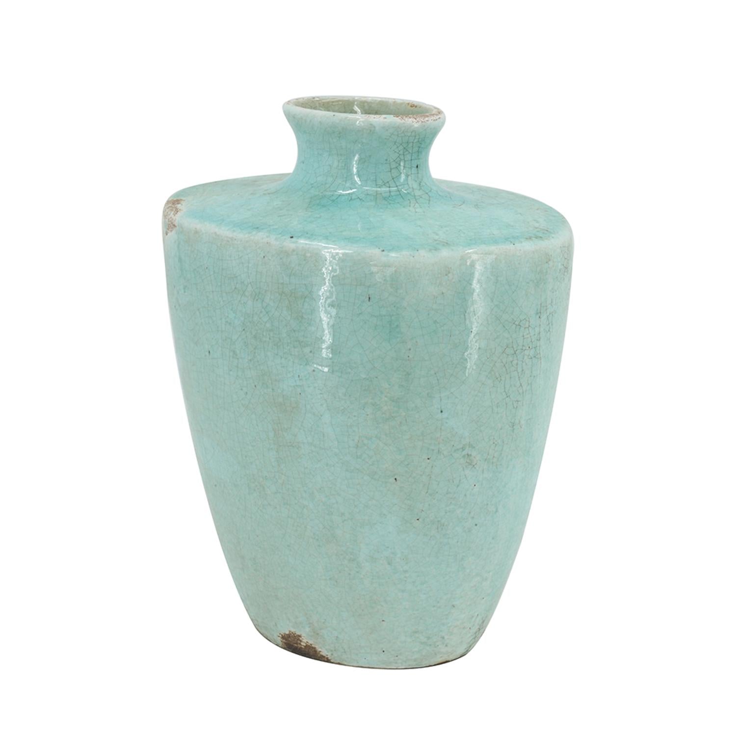 12" Aqua Terracotta Crackle Glaze Round Table Vase-2