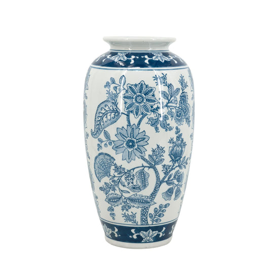 15" Light Blue And White Floral Porcelain Urn Vase-1