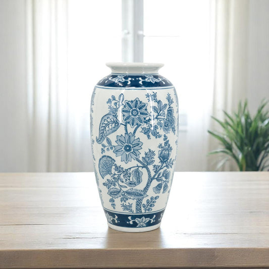 15" Light Blue And White Floral Porcelain Urn Vase-0